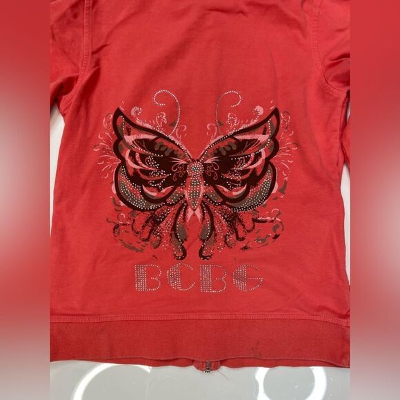 BCBG Butterfly Rhinestones Full Zip Hoodie Women Small Salmon Pink Y2K - Picture 2 of 12